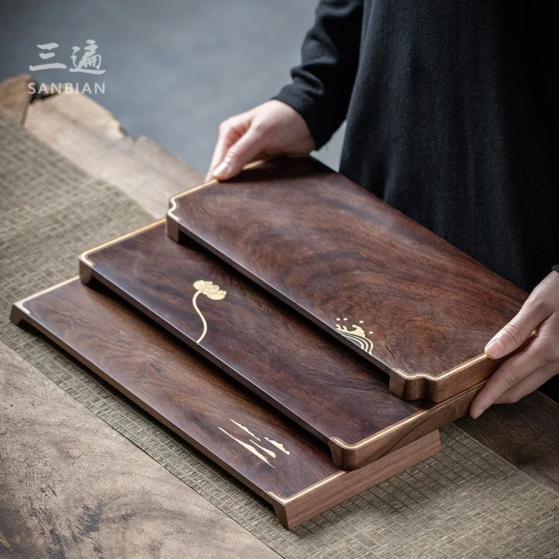

Тройной поднос из черного дерева, поднос для чайной комнаты, инкрустированный медным небольшим чайным столиком, бамбуковый поднос для чая, стандартный японский поднос для горшка