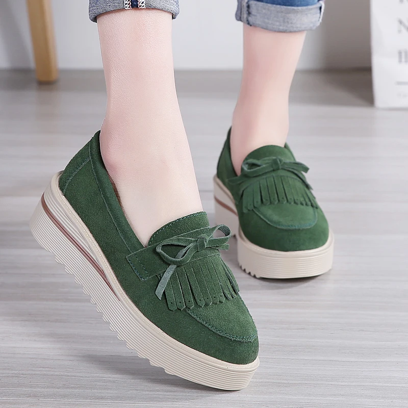

Women Fringe Flats Platform Loafers Autumn Slip on Casual Elegant Cow Suede Genuine Leather Shoes Big Size 41
