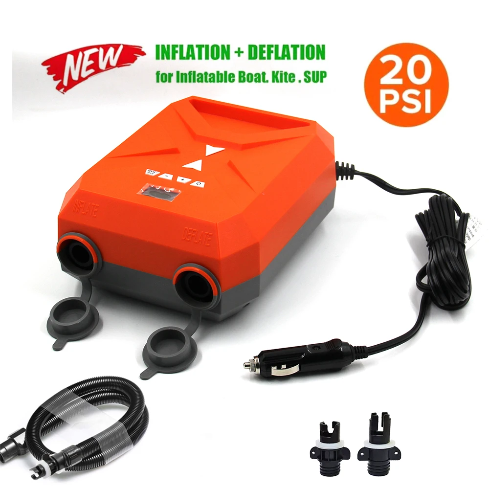 20PSI Electric Air Pump for Inflatable SUP and Boat with Built-in Voltage Protection LCD Display Air Pump DC 12V 110W