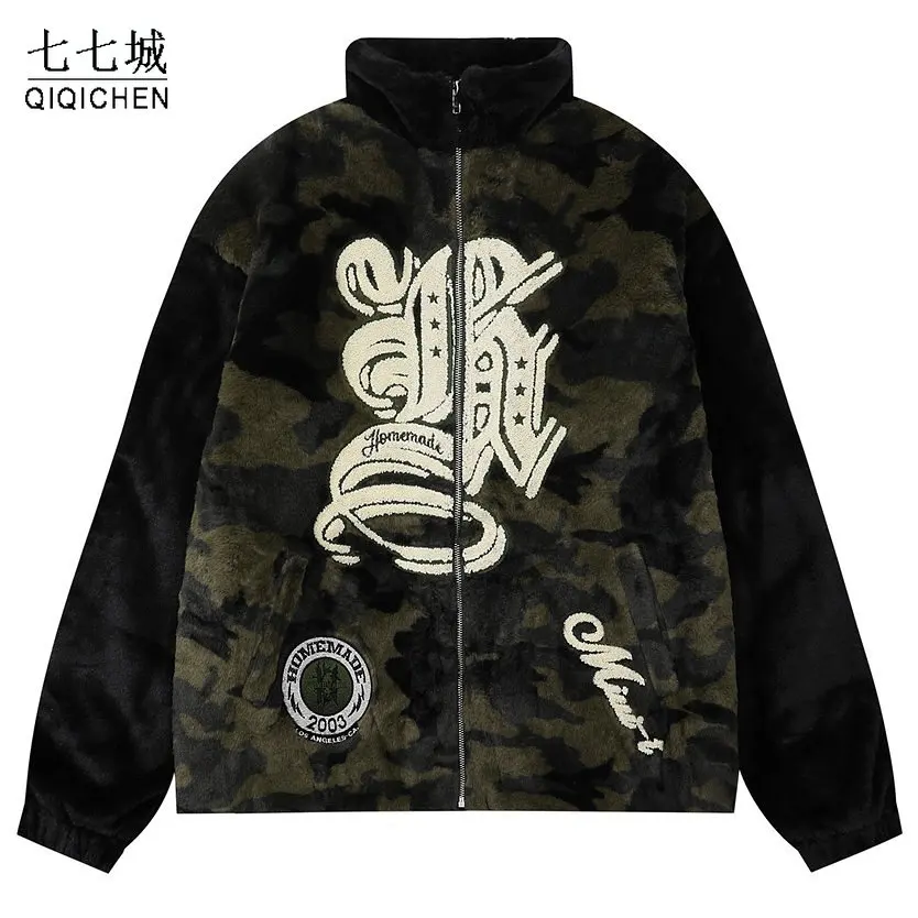 Vintage Winter Lambswool Jackets Men Stand Collar High Street Harajuku Camouflage Embroidery Thickened Women Cotton Coats New