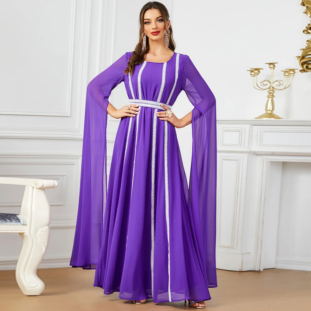 Модное шикарное однотонное шифоновое вечернее платье с длинным рукавом и
