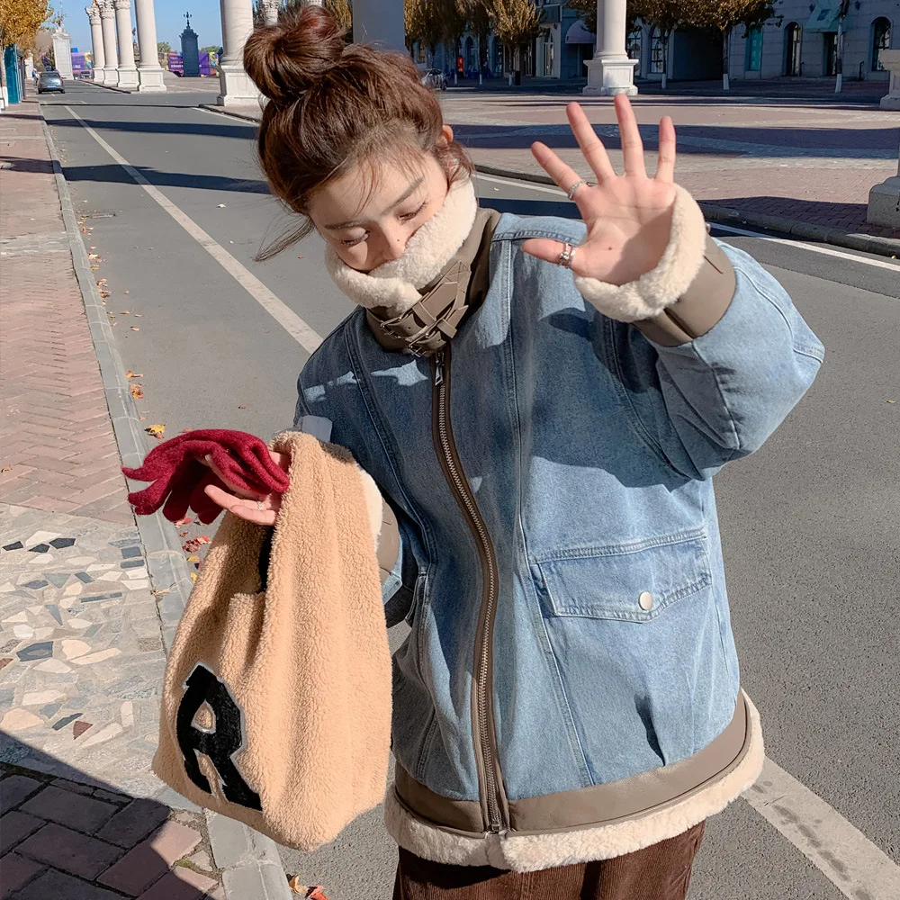 Lamb wool pie overcame cashmere denim coat women's winter loose thickened casual cotton coat