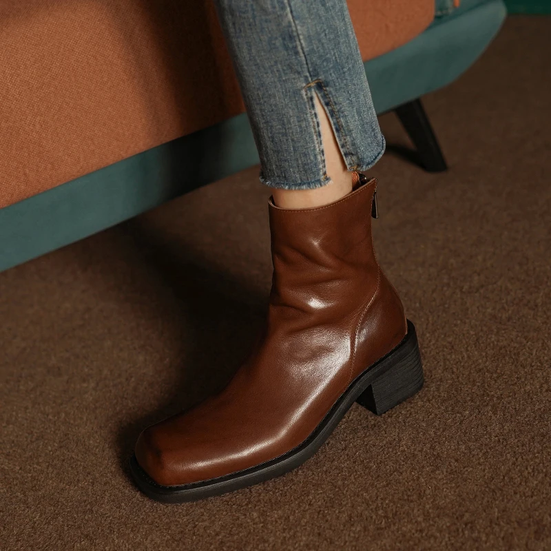 

Women Boots Retro Style Winter Shoes Woman Square Toe Cowhide Ankle Boots Back Zipper Spring Autumn Botas Short Boots Thick Heel
