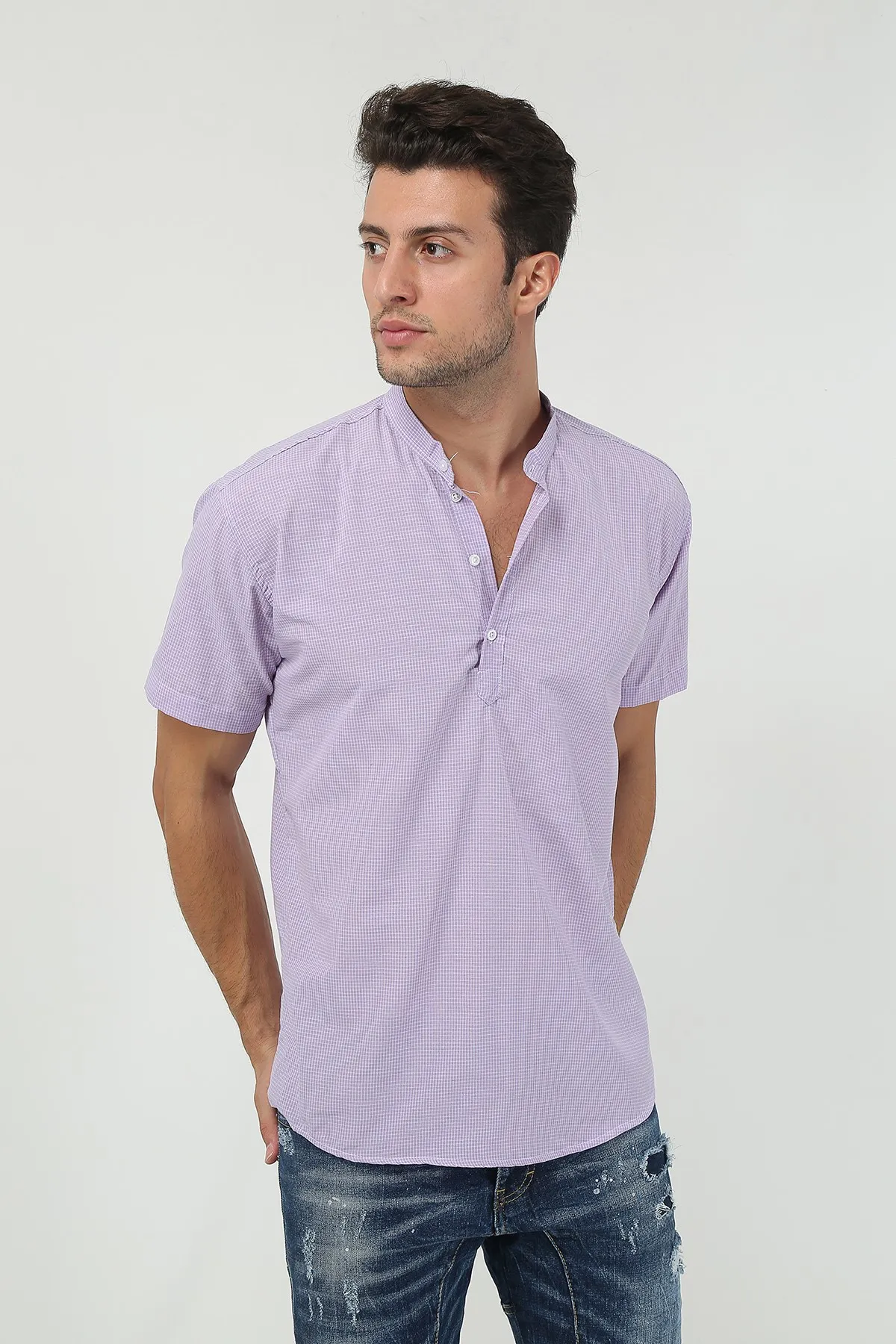 Therapy Men Male Crew Neck Half Patlı Plaid Short-Sleeve Slim Fit Shirt 21Y-4300602-01 Purple