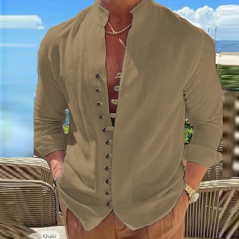 

Модный кардиган с воротником-стойкой на пуговицах, офисные топы, Мужская однотонная блузка, винтажная мужская хлопковая конопляная Повседневная Свободная рубашка с длинными рукавами