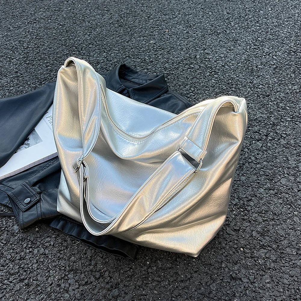 

Large Capacity Big Bucket Bag For Women PU Leather Casual Crossbody Bag Soft Leather Underarm Bag Silver Leather Shoulder Bag