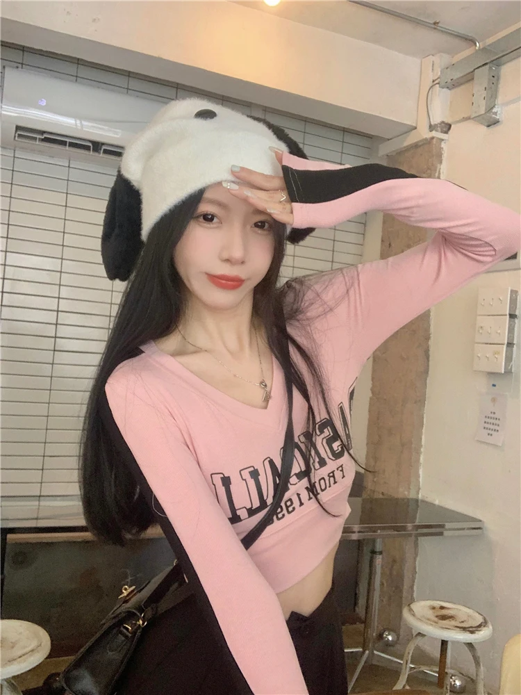 

Женские футболки, топы, японская женская футболка Ulzzang с буквенным принтом, Повседневная футболка с длинным рукавом, женская одежда Harajuku для женщин