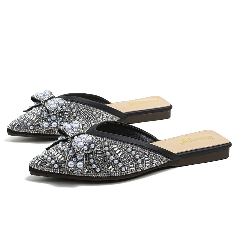 Water Diamond Slippers Summer New Half Slippers Wearing Mules Shoes Outside Flat Sandals Large Women's Shoes Zapatos De Mujer