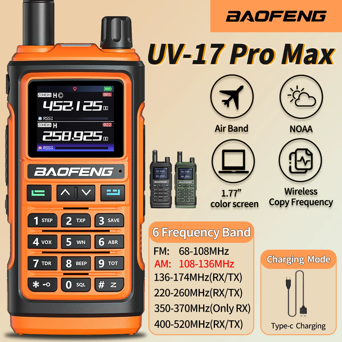 Baofeng UV-17 Air Band Walkie Talkie 999ch Noaa Full Type-C Oplader Draadloze Kopieerfrequentie Lange Afstand Uv 5r Twee