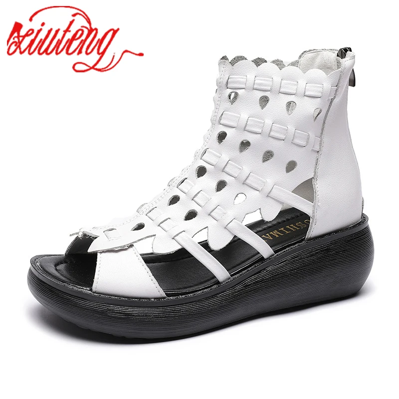 

XIUTENG Summer New Retro Leather Thick-Soled Roman Sandals Fish Mouth Platform Shoes Women's Summer National Wedge Sandals