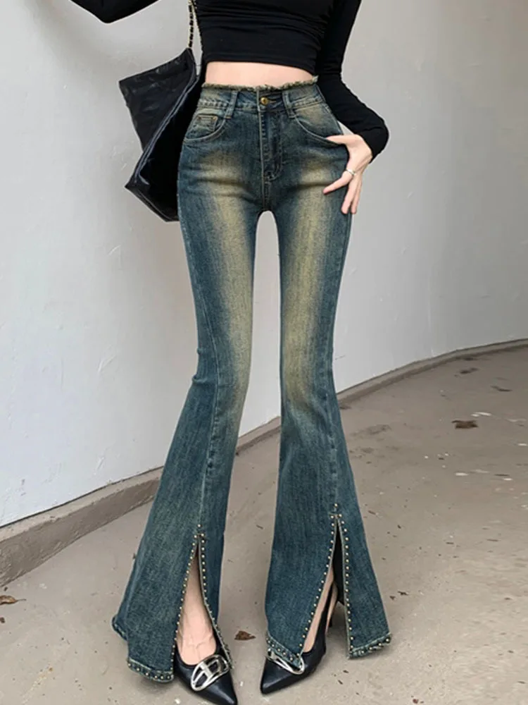 

Расклешенные джинсы, женские узкие лоскутные брюки с разрезом, джинсовые брюки с вырезом, женские модные Стрейчевые брюки для женщин 2023