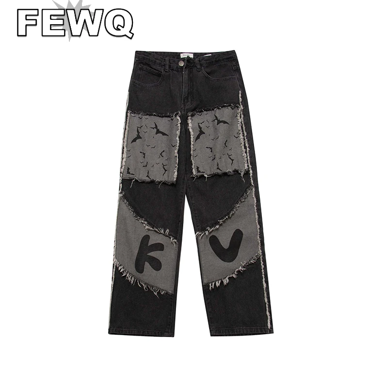 

FEWQ Y2k Men's Bat Letter Print Jeans Patchwork Male High Street Denim Trousers Casual Pant Vintage 2023 Spring Tide New 24B1918