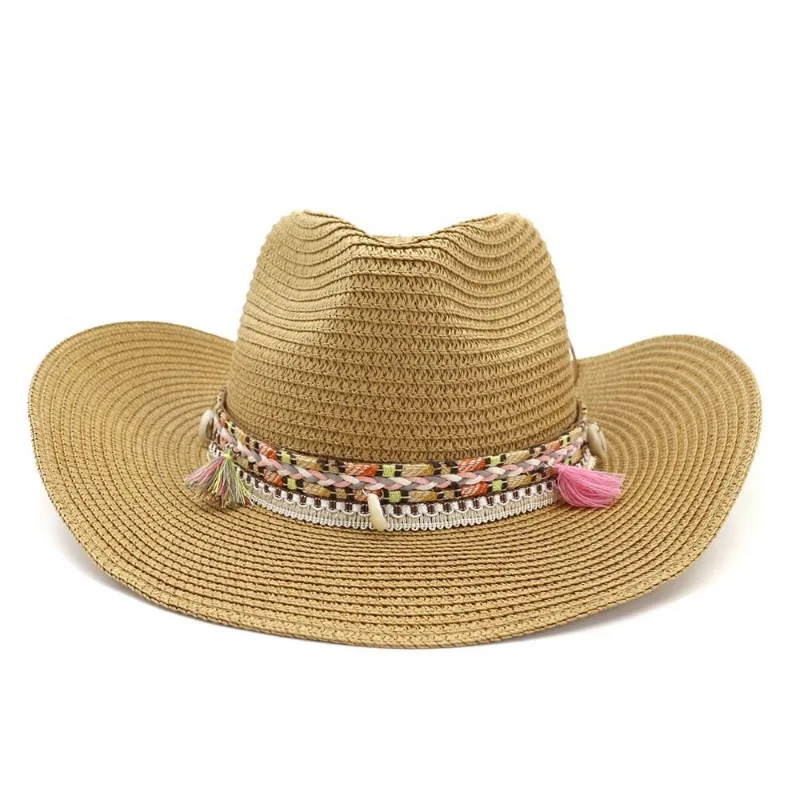 

Wholesale Women Pink Tassel Cowboy Hat Floppy Beach Hats Summer Straw Hats Ladies UV Protection Hat Panama Sun Hat