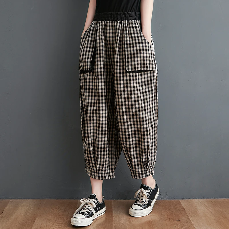 

Aransue Literary And Artistic Retro Cotton Linen Plaid Wide Leg Trousers Women Summer Casual Capris Loose Lantern Pants