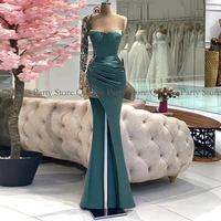 turquoise mermaid prom dresses 2022 one shoulder long sleeves luxury beading stones high slit evening gown party dresses