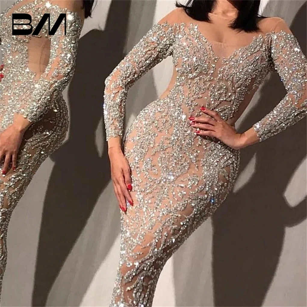 

Shiny Maxi Mermaid Evening Dress Long Sleeve See Through Illusion Formal Prom Dress For Party Custom Made Luxury Beading Dresses