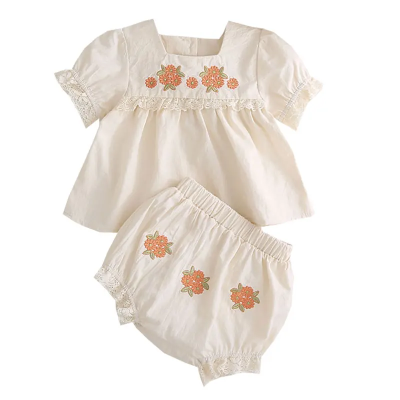 

Girls Summer Short Sleeve New Embroidered Set Embroidered Bag Coat Summer Newborn Baby Clothing Triangle Climbing Suit