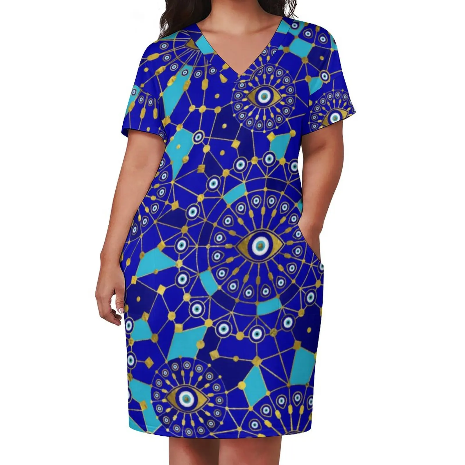 Greek Evil Eye Print Dress Plus Size Nazar Charm Street Fashion Casual Dress Female Holiday V Neck Vintage Dresses Gift