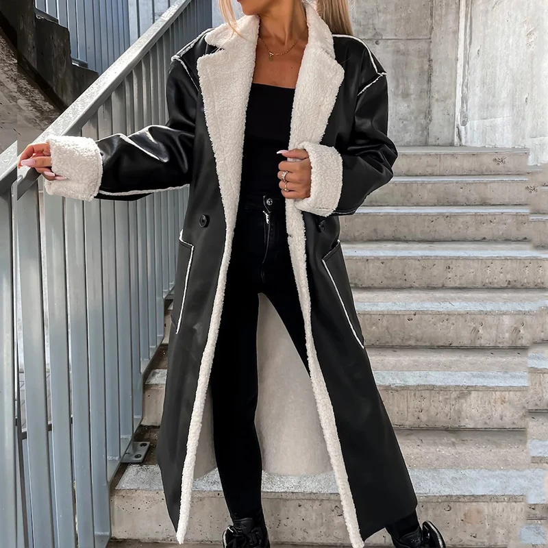 

Elegant Casual Lapel Straight Cardigans Fashion Solid Patchwork Leather Long Overcoats Winter Thick Fleece Lace-up Warm Jackets