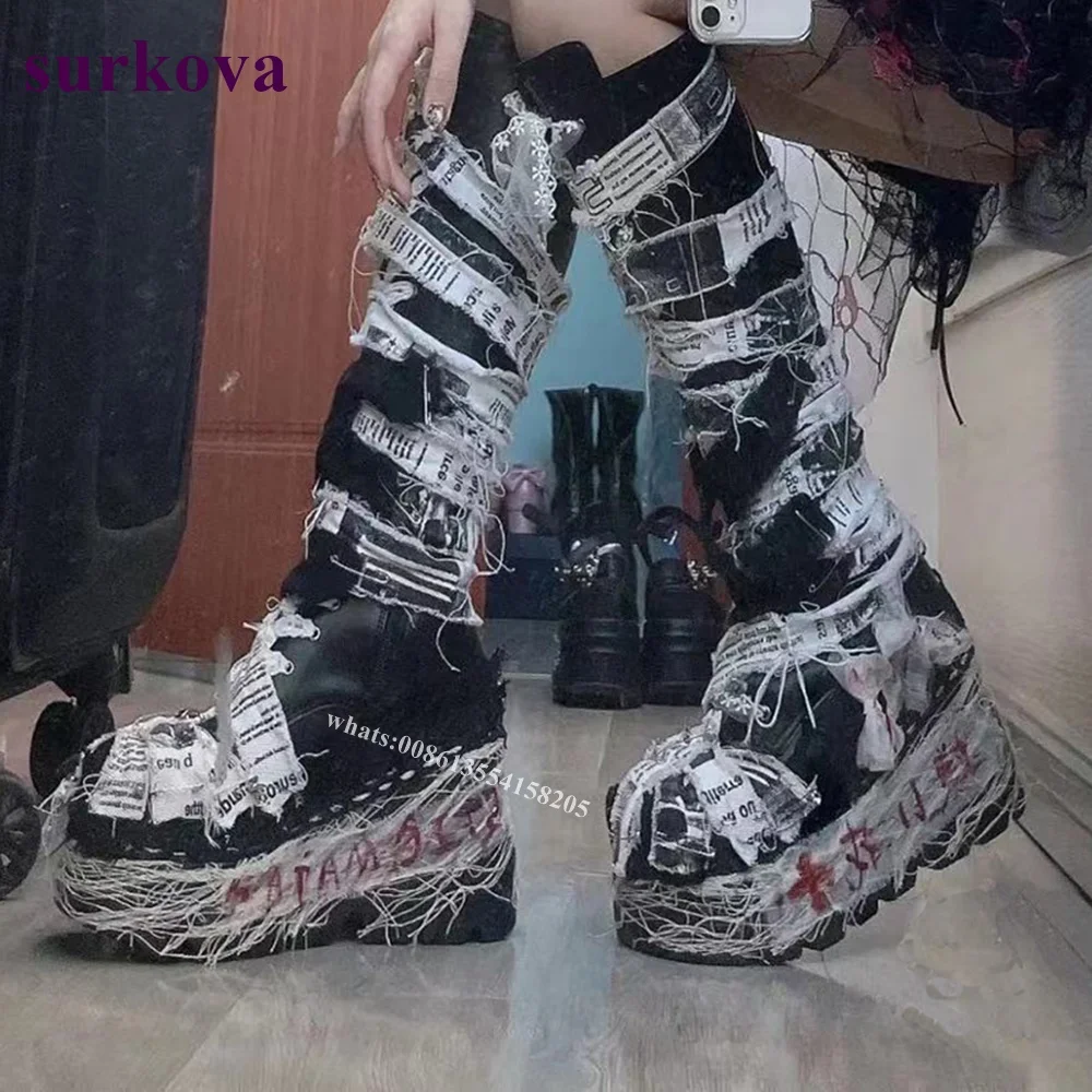 

2022 Gladiator Platform Knee High Boots Round Toe Wedges High Heels Dark Style Autumn Night Club Women Boots New Arrival Casual