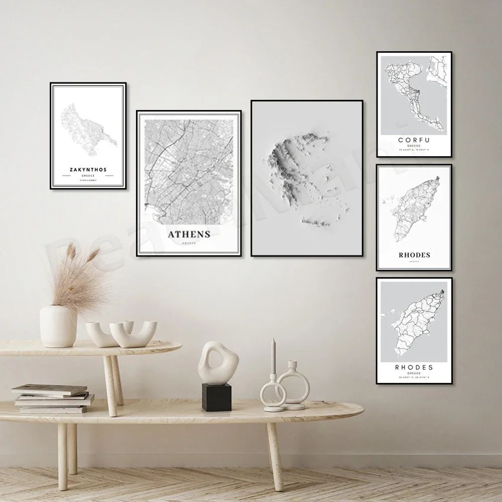 Greece Map Athens Zakynthos Corfu Rhodes Poster City Street Route Print