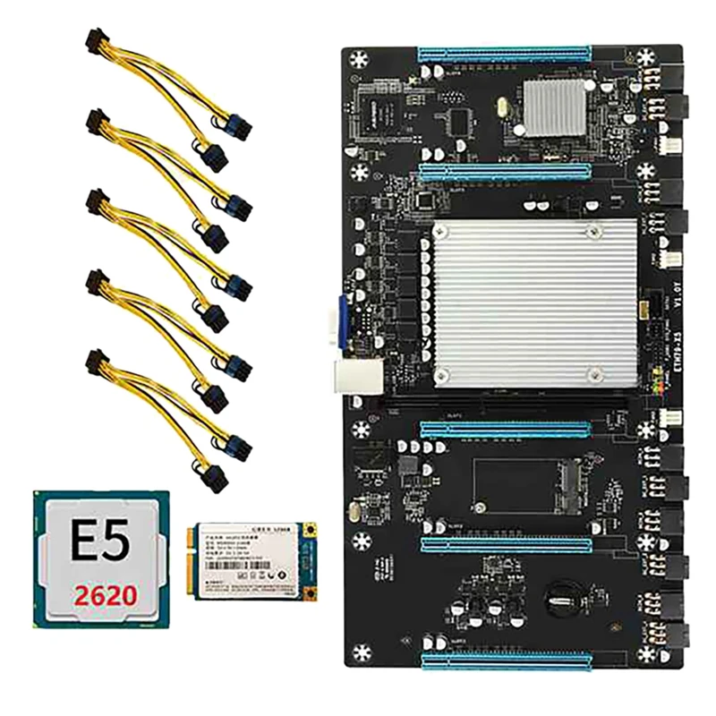 

NEW-ETH79-X5 BTC Mining Motherboard with E5 2620 CPU+128G SSD+5 Power Cables H61 LGA2011 DDR3 65mm 5 PCIE16X SATA+MSATA+VGA