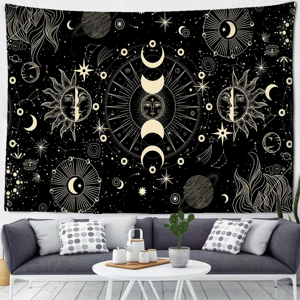 

Bohemian Gypsy Psychedelic Tapiz Witchcraft Astrology Tapestry White Black Sun Moon Mandala Starry Sky Tapestry Wall Hanging