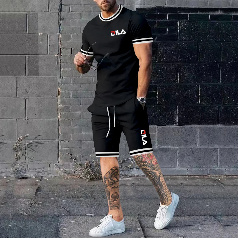 Summer New Trend Solid Color  Rotor Round Neck Shore High -Quality Clothing Men's Fashion Sports T -Shirt Casual Set