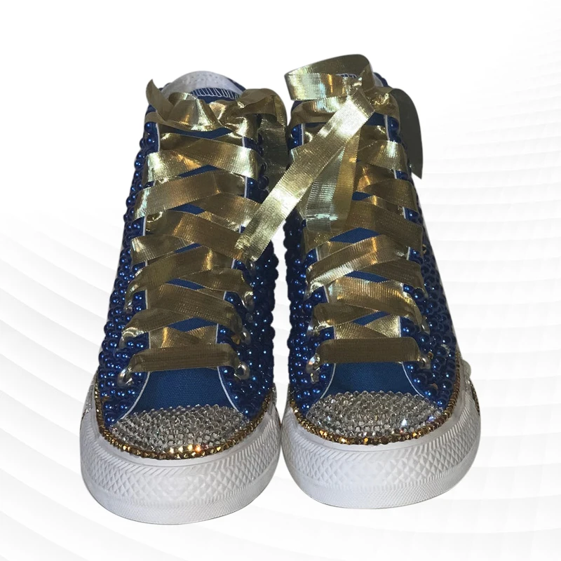 

Custom pearl rhinestone ribbon canvas shoes niche fashion trim high-top diy banquet wedding shoes large size 35-46