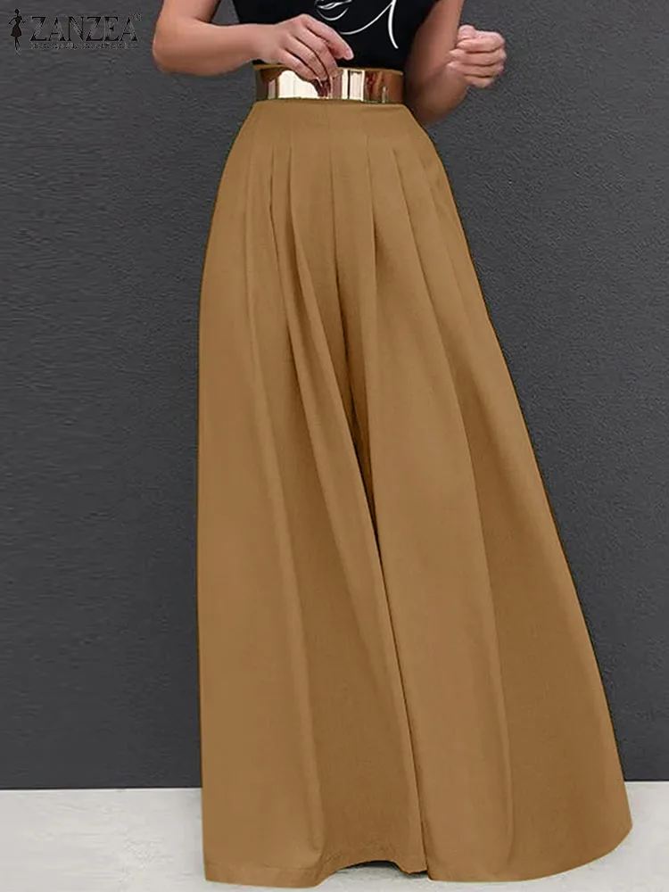 

ZANZEA Women Pleated Pantalones Solid Color High Waist Fashion Holiday Long Pants Commuting Elegant Bottoms Wide Leg Trousers