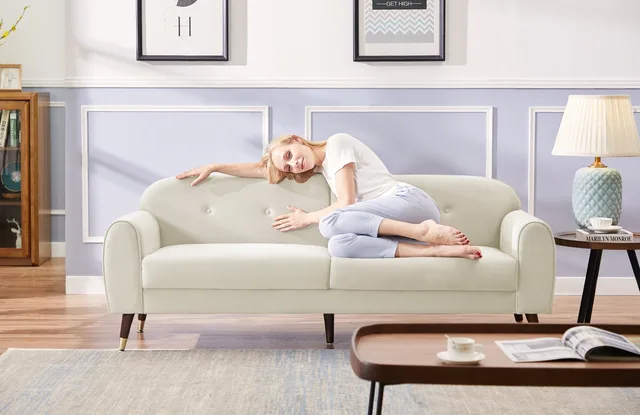 75.5”Mid-century Velvet Sofa,Morden Upholstery 2-seater Velvet Sofa with Armrest for Livingroom(Beige) 2
