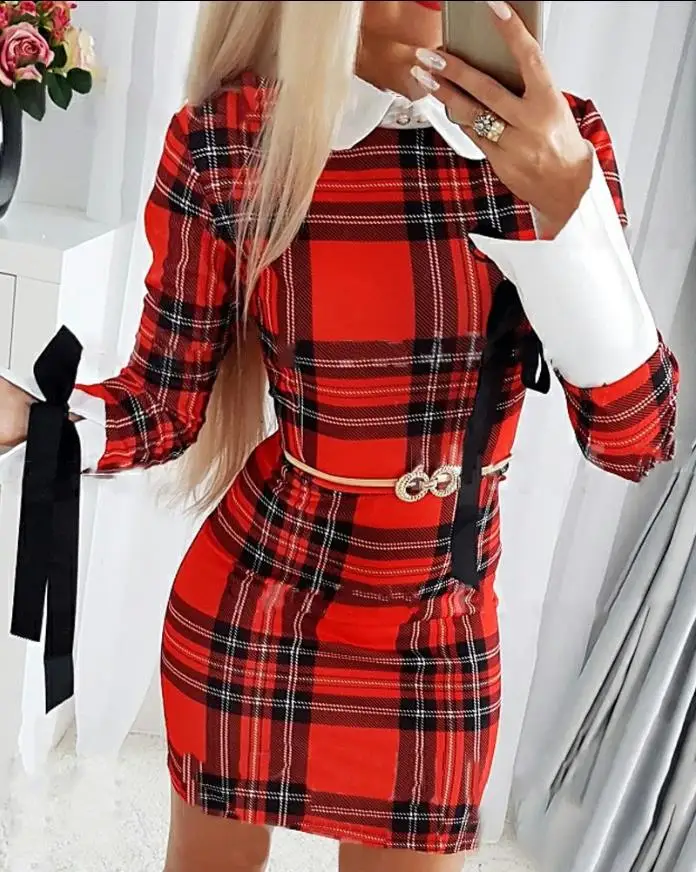 

Women's Wear Plaid Print Long Sleeve Tied Detail Bodycon Dress Peter Pan Collar Tied Detail Sexy Skinny Elegant Formal Dresses