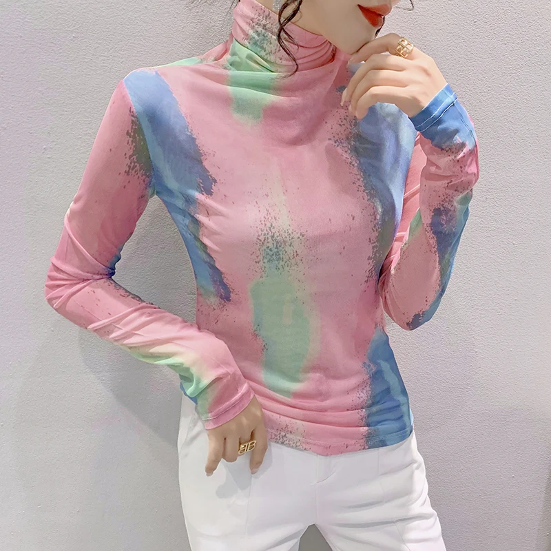 

Autumn Winter Full Sleeve T-shirts Girls Turtleneck High Elasticity Vague Printing Mesh Tshirts Tops HF9259