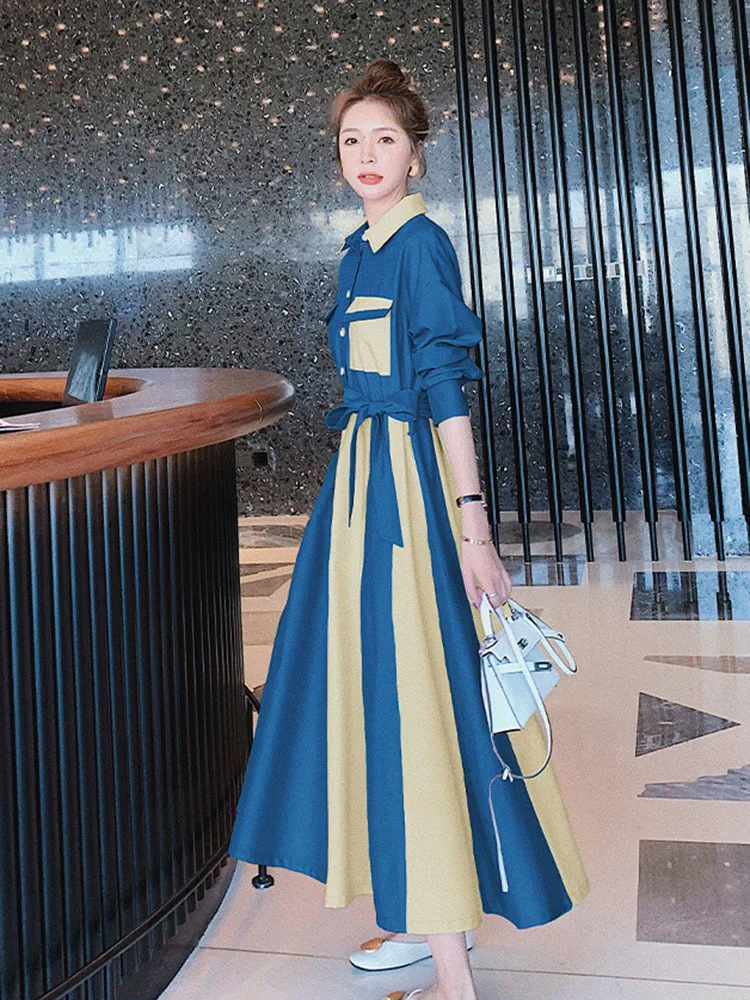 Платье LANMREM New Women осень женские пэчворк цвет контраст регулируемая талия длинный рукав отложной воротник модные платья 2J1362.