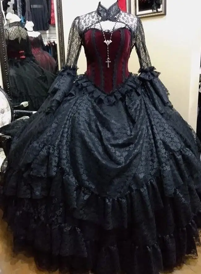 

Victorian Black Wedding Dresses Full Lace Bridal Ball Gowns Flare Long Sleeve Floor Length Gothic lace-up Corset Wedding Dress