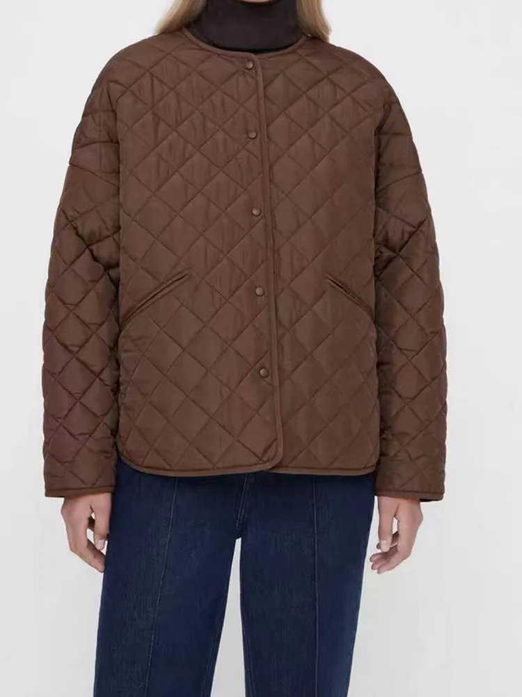 

Autumn And Winter New Women Single Breasted O-Neck Parkas Coat Ladies With Pockets Long Sleeve Argyle Fashion Hem Spilt Jacket