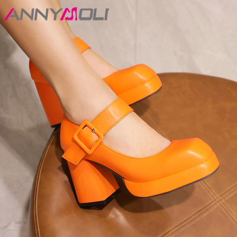 

ANNYMOLI Women PU Leather Platform Mary Janes Chunky Heels Pumps Buckle Strap Super High Heel Female Footwear Spring Big Size 46