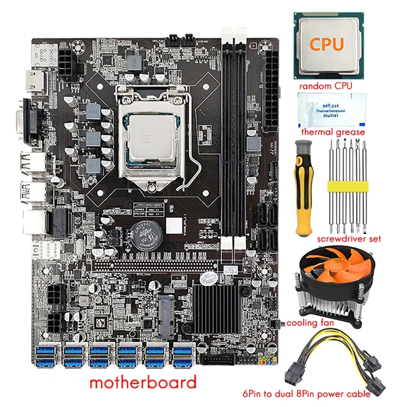 

Материнская плата B75 12 GPU BTC для майнинга + ЦП + вентилятор + термопаста + кабель питания + отвертка 12X USB3.0 слот LGA1155 DDR3 ОЗУ SATA3.0