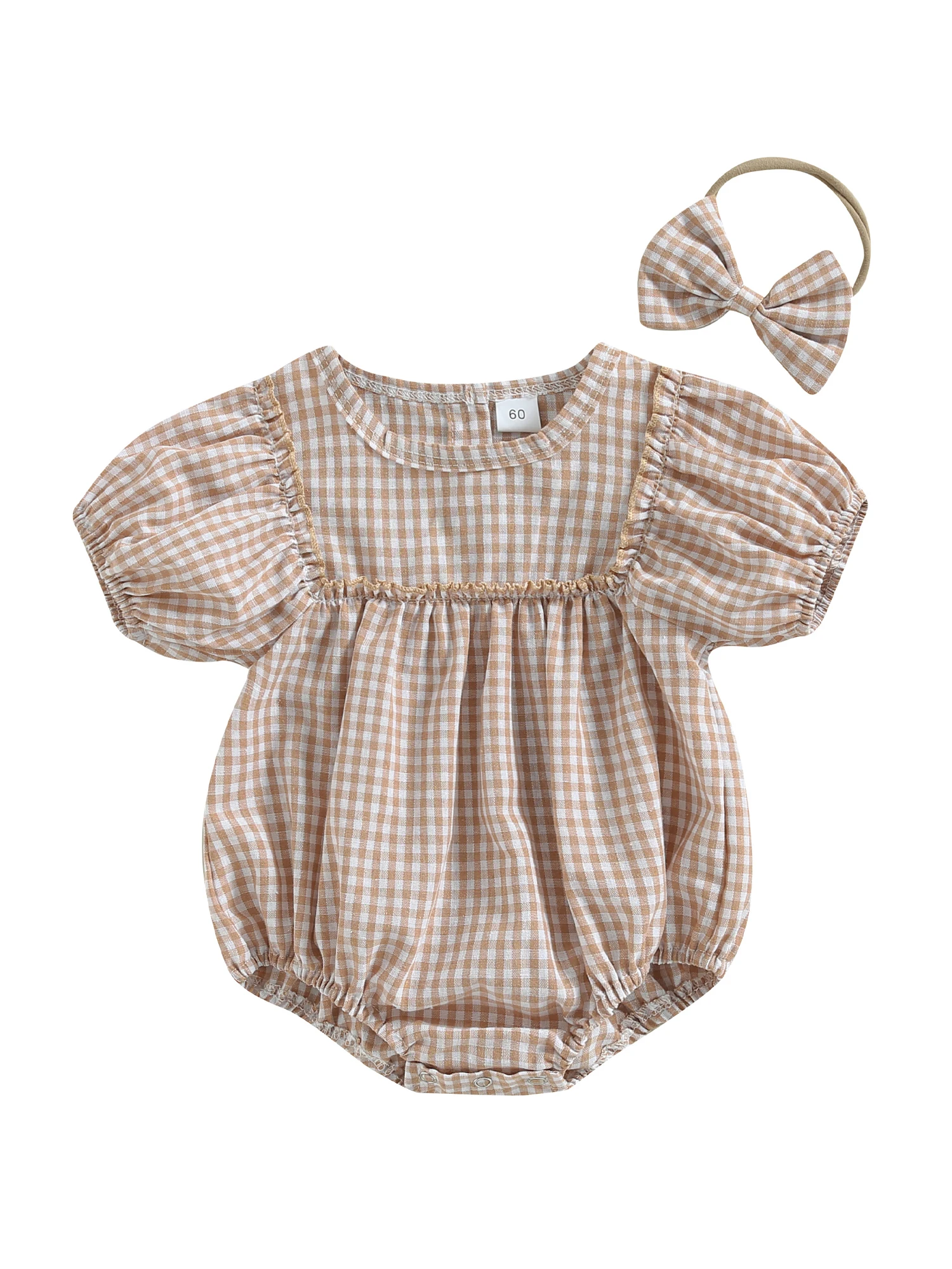 

Baby Girl 2Pcs Summer Outfits Short Puff Sleeve Plaid Print Romper with Headband Set