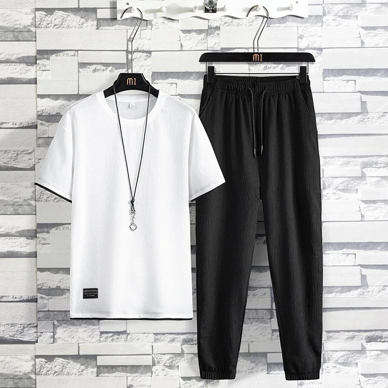 2022 New Men Short Sleeve T-shirt Suit Sportswear Men's Casual Summer Set Two Pieces Mens Tshirt Long Pants Set Breathable