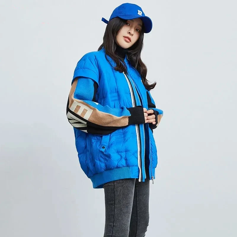 Down Jacket Autumn Winter Short Blue Fashion Patchwork Chic Baseball Collar Warm Loose Coat Design Free Shipping