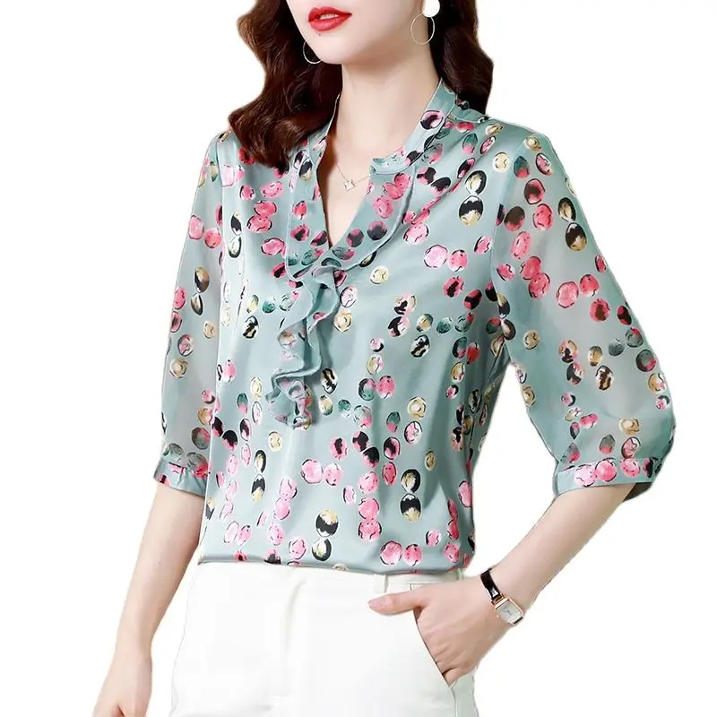 Women Spring Summer Style Silk Blouses Shirts Lady Casual Half Sleeve V-Neck Flower Printed Blusas Tops