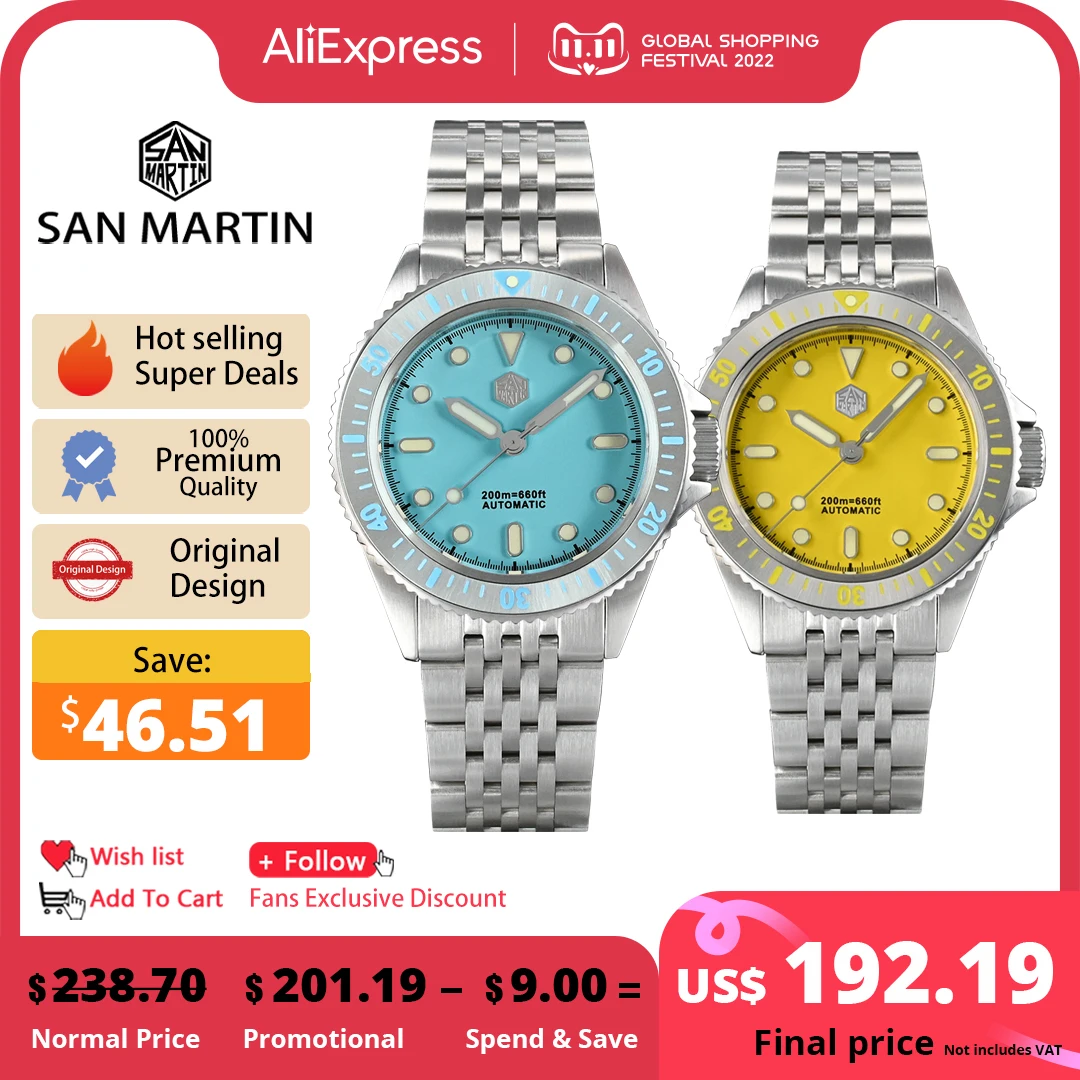 Дешево Часы для дайвинга San Martin 38 мм Miyota 8215 оригинальный дизайн браслет Модный спортивный стиль автоматические механические часы сапфир 20 бар