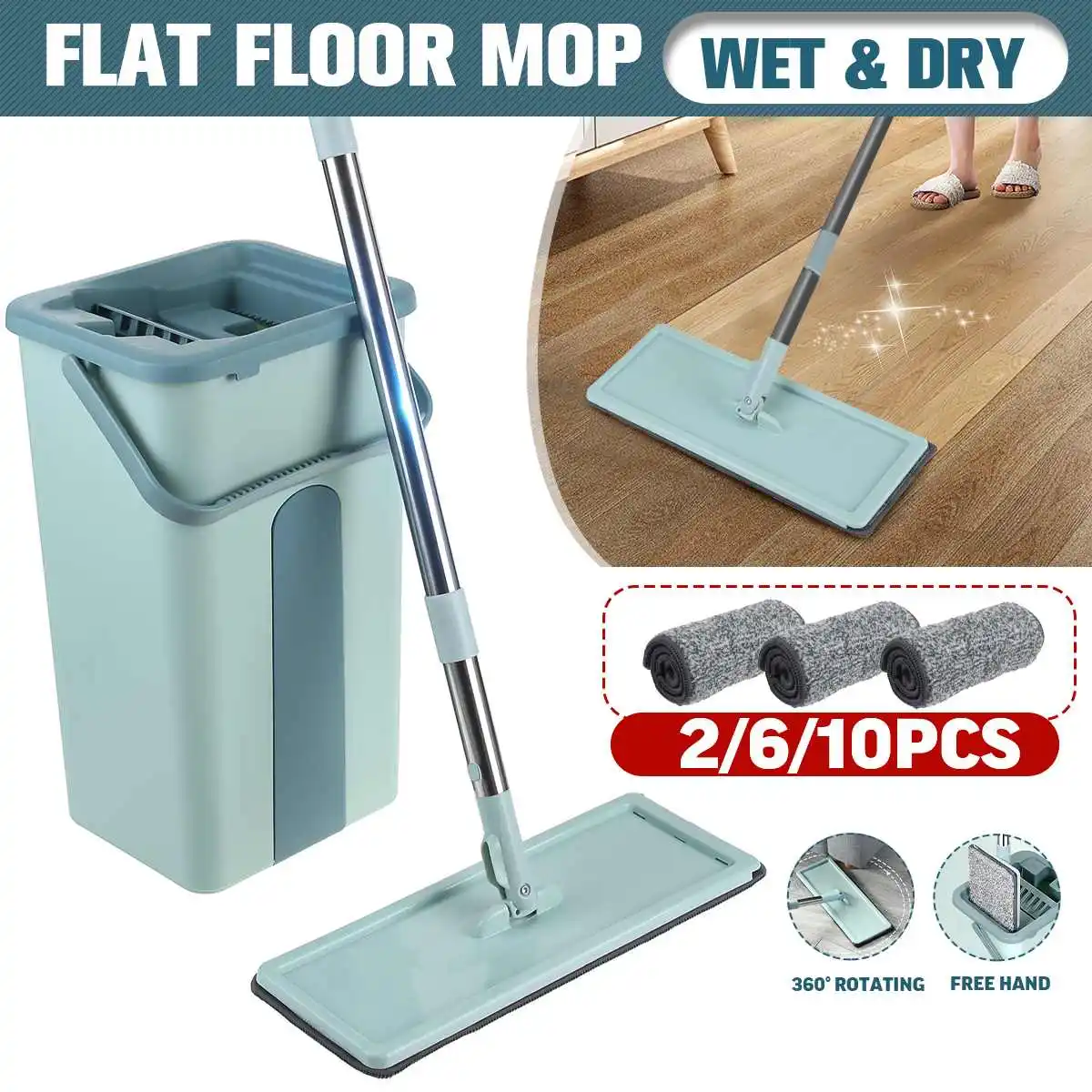 

Hands Free Flat Squeeze Mop and Bucket Home Kitchen Wooden Floor Household Cleaning Wet Dry Dual Use 2/6/10PCS Microfiber Pads