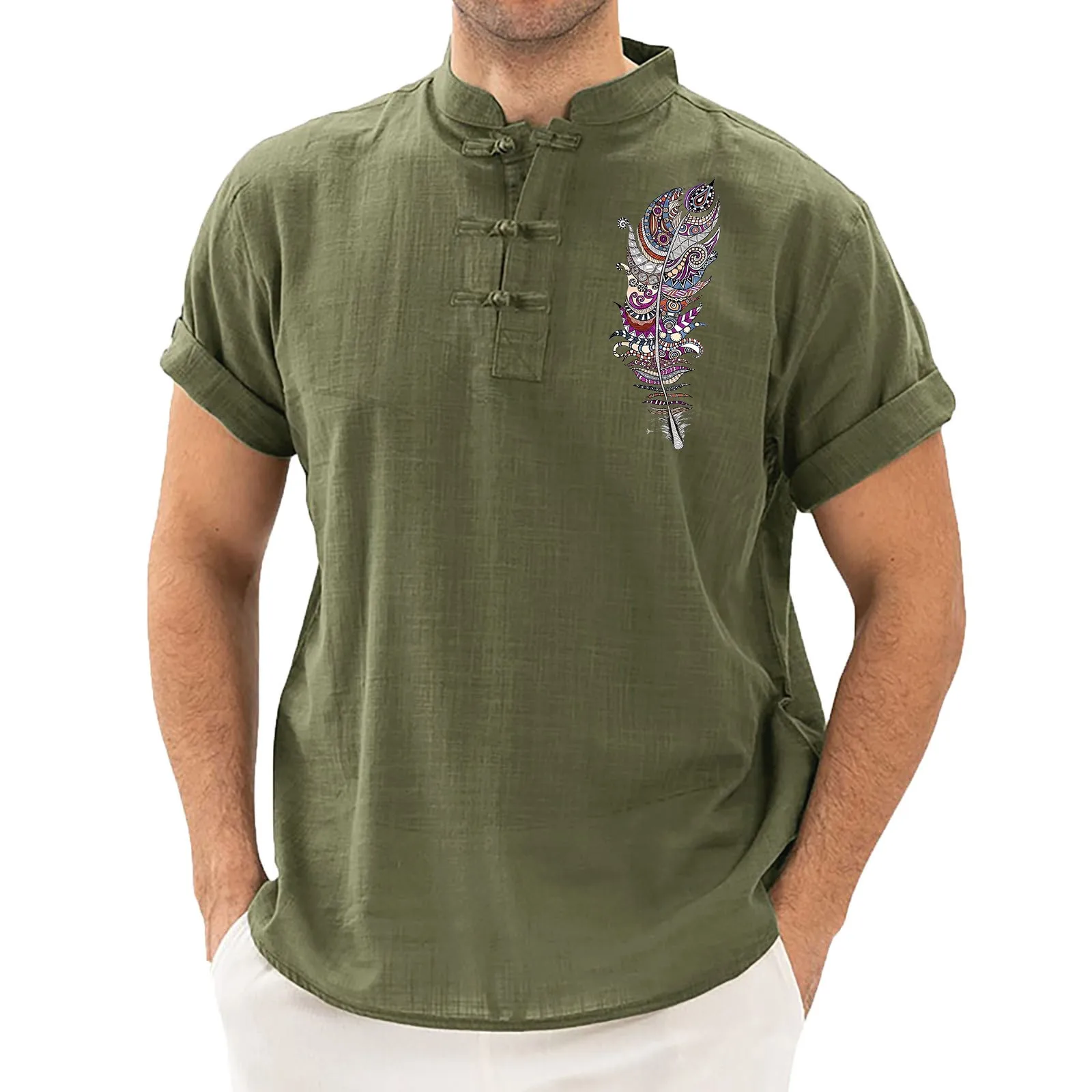 

Гавайская рубашка мужская с воротником-стойкой, хлопково-Льняная пляжная сорочка с короткими рукавами для отпуска, однотонная, лето