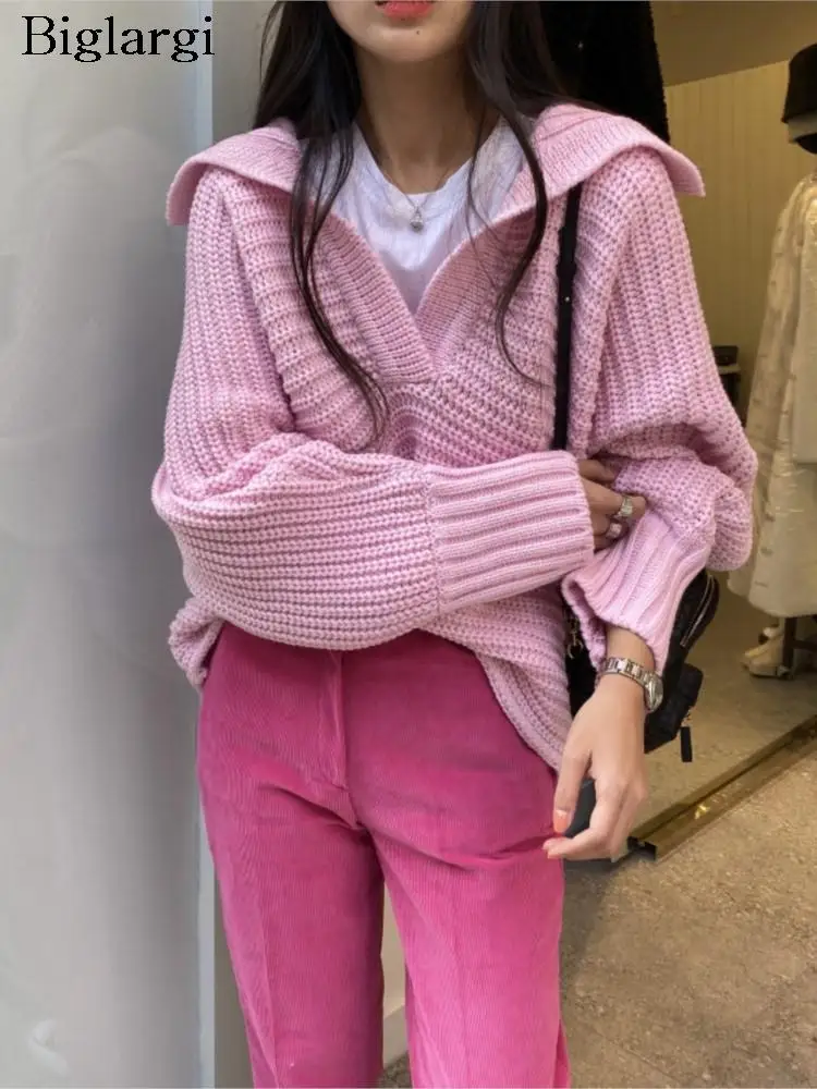

Knitted Autumn Tops Women Korea Style Pink Long Sleeve Ladies Tops Loose Fashion Casual Woman Top 2023