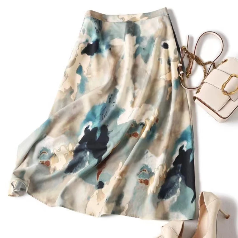 

Oil Painting Flower Print French Elegant Temperament Skirt 2022 Summer S-5XL High Waist A-line Painted Flowers Skirt