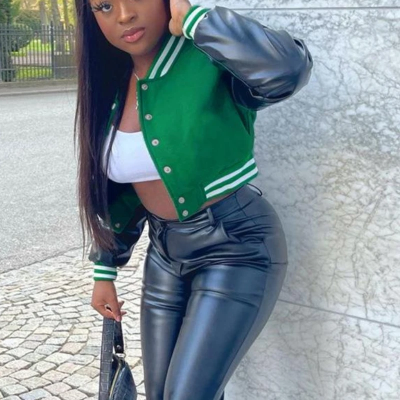 

2021 Patchwork Short Varsity Jacket Women Fall Winter Casual Oversized Baseball Jacket women jacket winter clothes women Green
