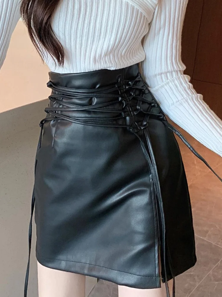 

Pu Short Pencil Woman Skirt Lace Up Leather Sexy Summer 2022High Waist Slim Beige Black Gothic Mini Skirts Fashion High Fashion