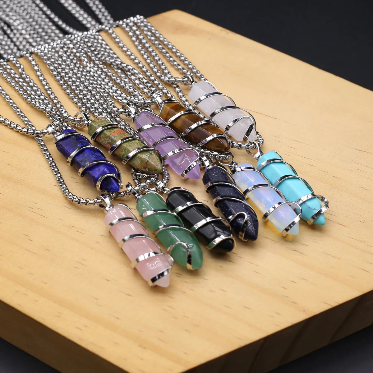 

1pcs Natural Stone Hexagon Pyramid Silver Winding Necklace DIY Female Charm Necklace Pendant 12x45mm Chain Length 60cm